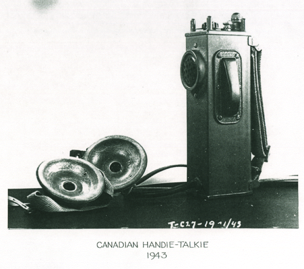 The C-27 Handie-Talkie developed by Hings pictured here in January 1943. This is what most people think of as a walkietalkie. This model had the receiver within the earphone so if the enemy were in close proximity they wouldn’t hear any transmissions and give away the operators position.