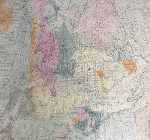 Colour-coded map of the Rossland area, showing different geological features. Map created by Cominco (now Teck Trail Operations) See key below. (click for a closer look)