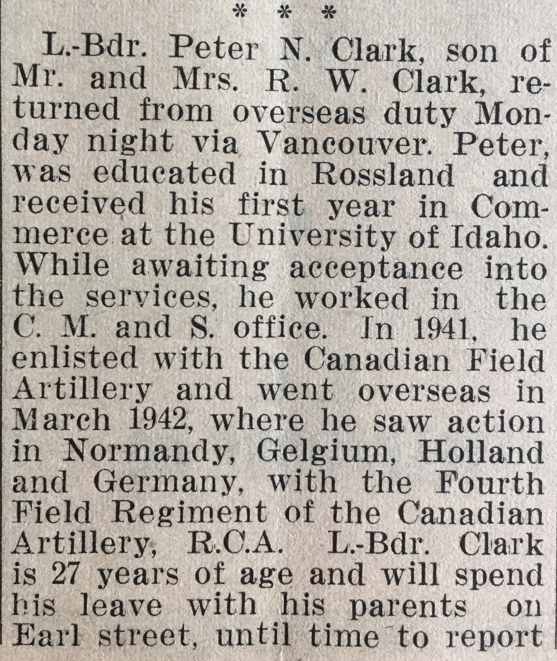 Clark - Rossland Miner Nov 29, 1945 pg 1.JPG