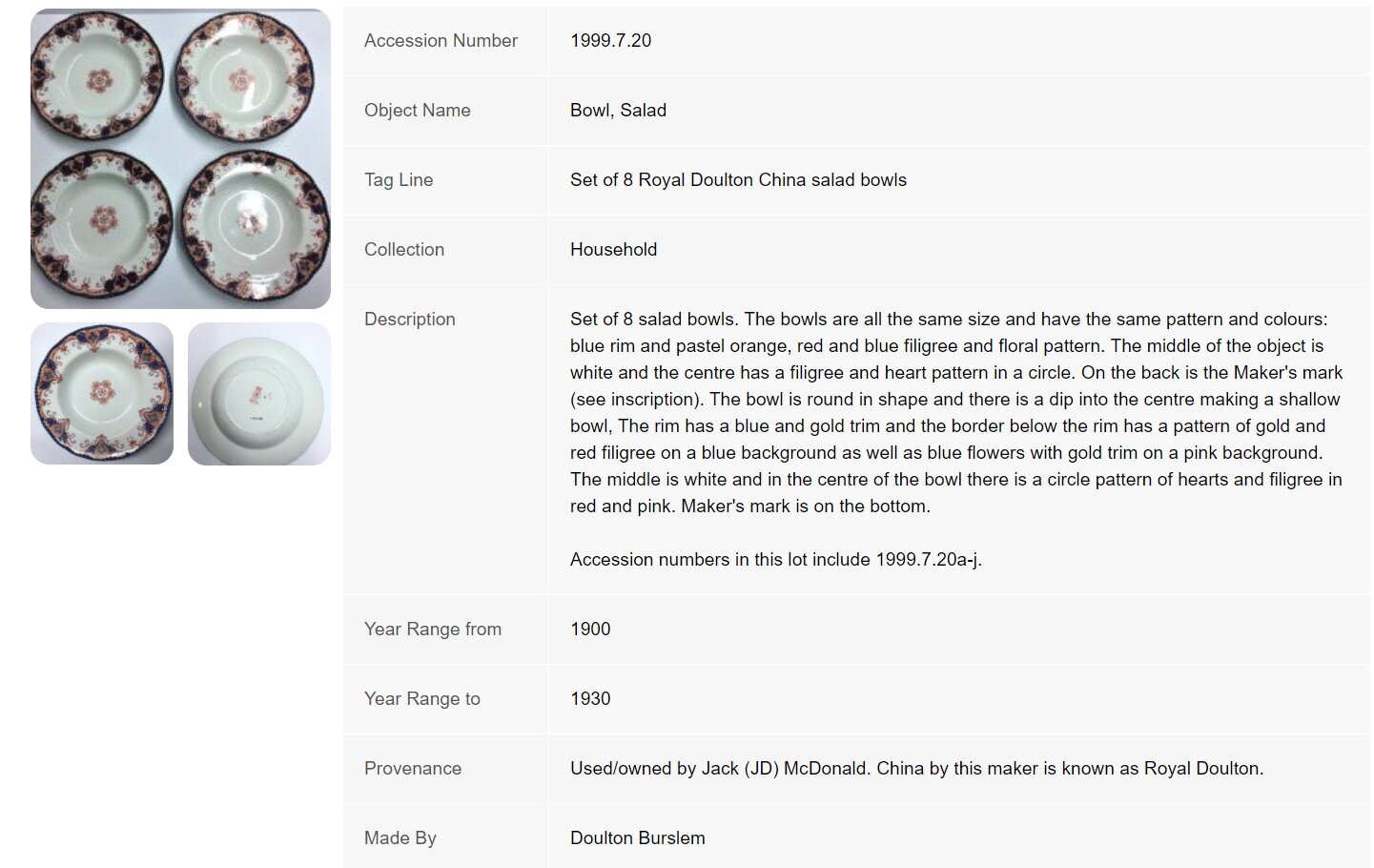  Record for some of JD McDonald’s Royal Doulton china set 