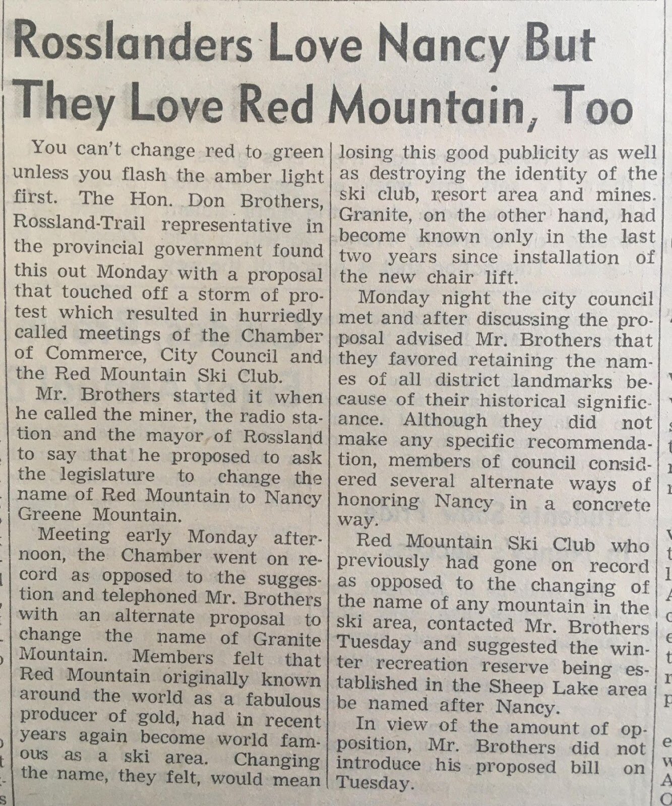 From Rossland Miner, Page 3, Thursday, February 22, 1968&nbsp;