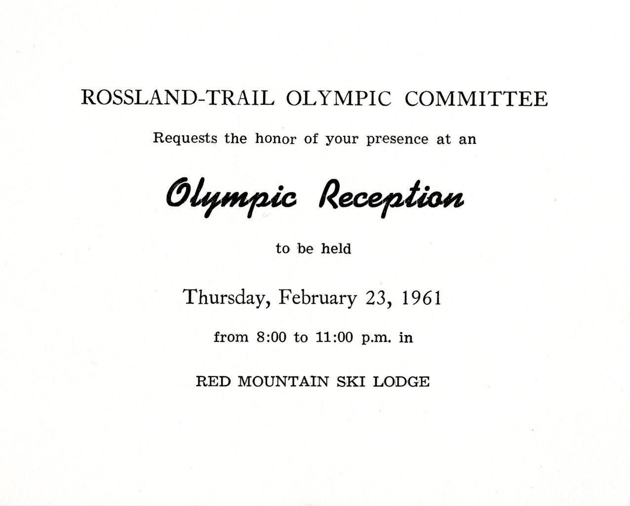 Rossland-Trail Olympic Committee Reception Invitation
