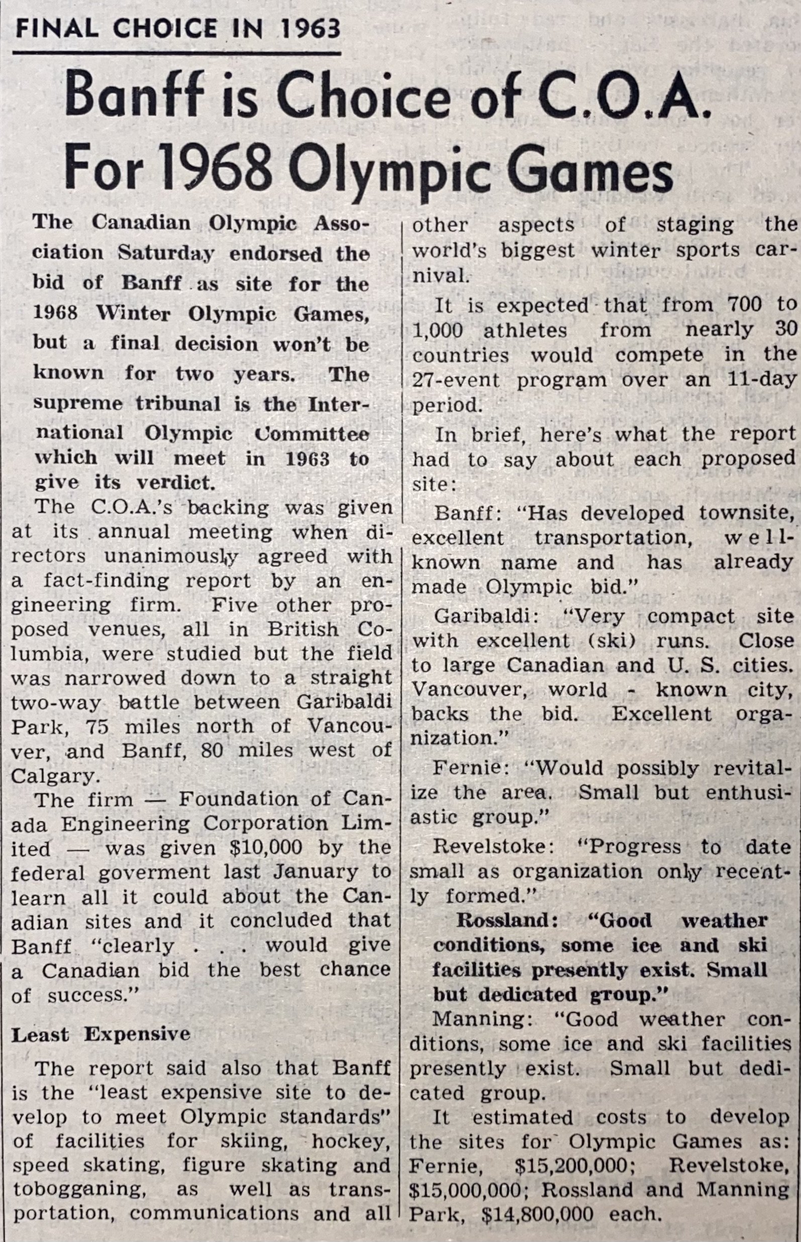 Rossland Miner: "Banff is Choice of C.O.A. For 1968 Olympic Games" - April 26, 1961