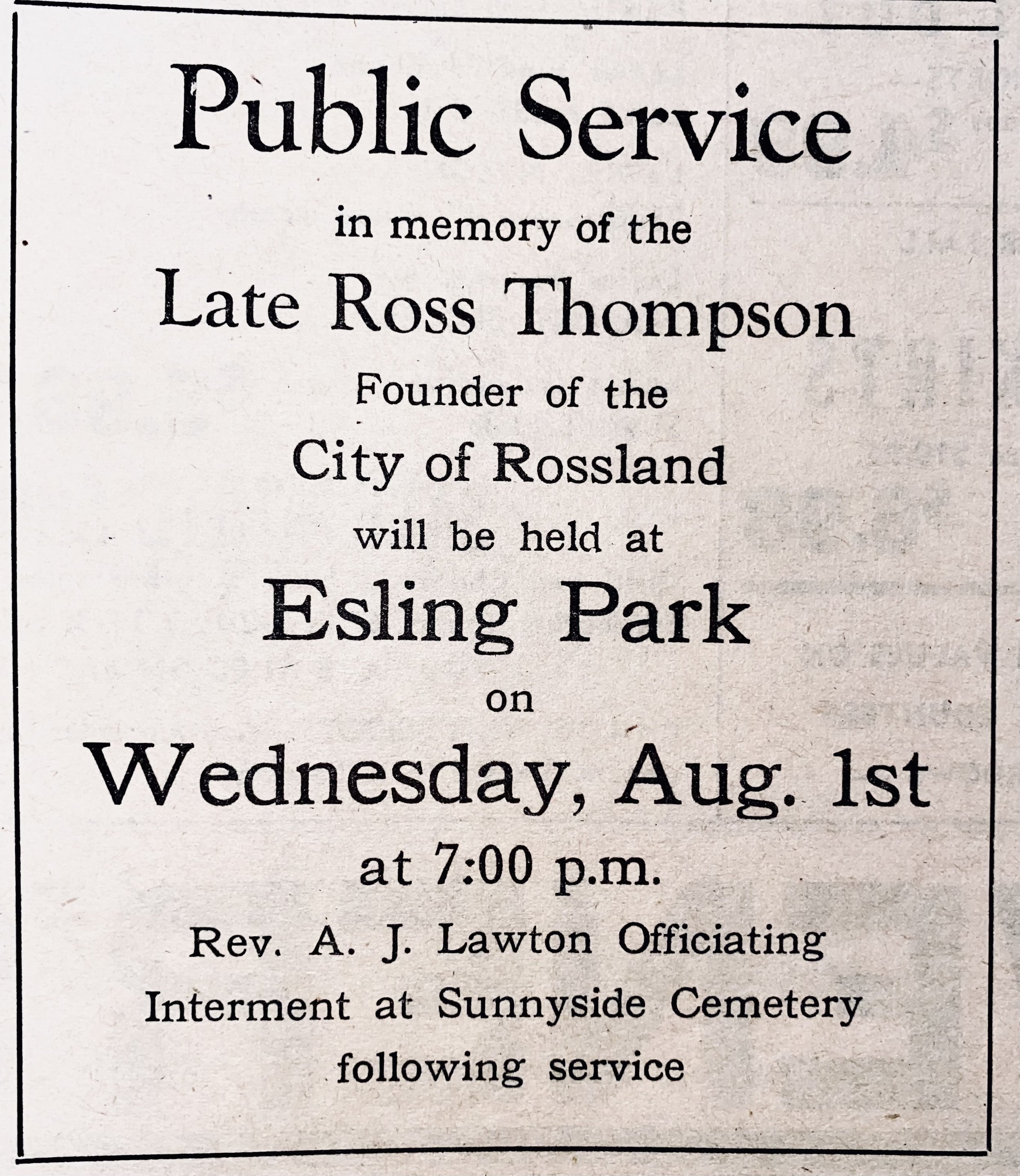 Ross Thompson's Memorial Announcement. Rossland Miner, July 26, 1951.
