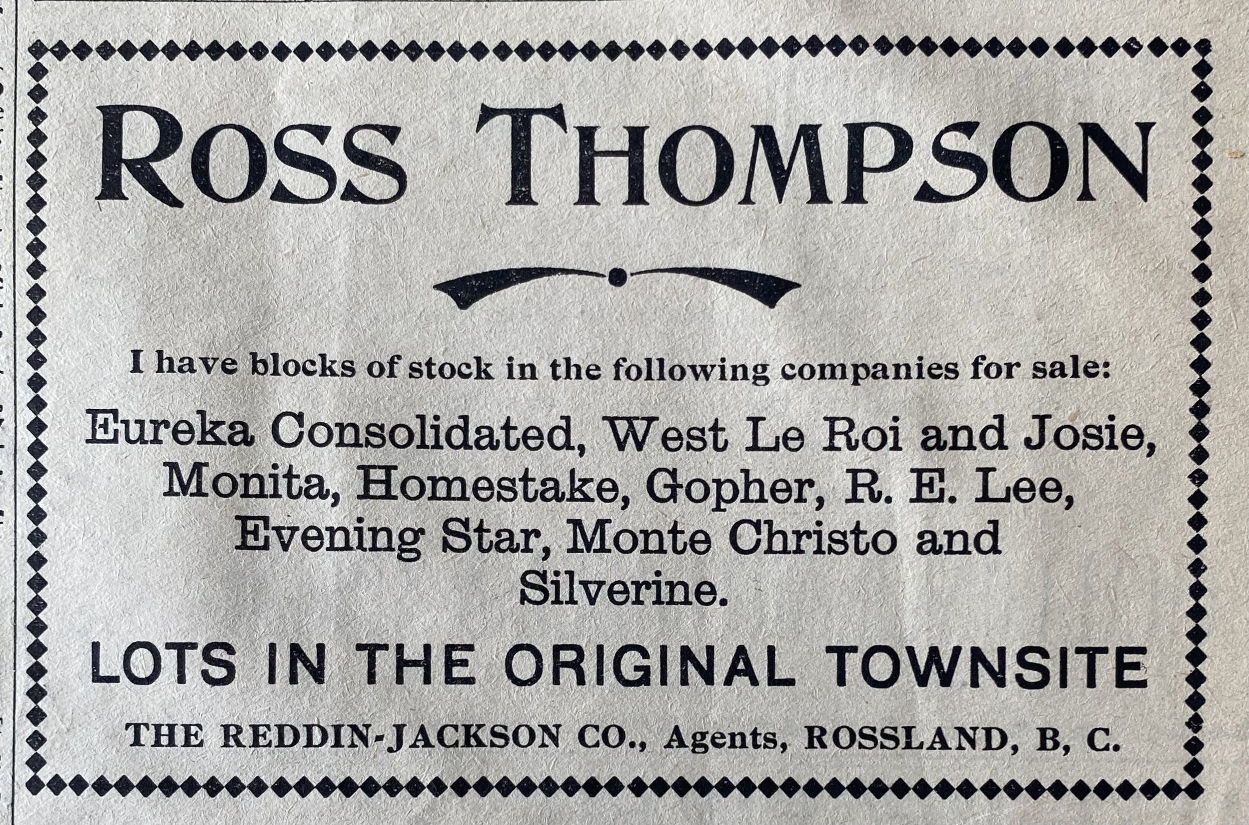 Ross Thompson Land Advertisment. Rossland Miner, September 2, 1898.
