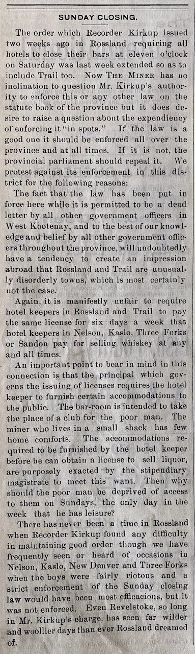  An article discussing Kirkup’s liquor policies. Rossland Miner, February 1, 1896. 