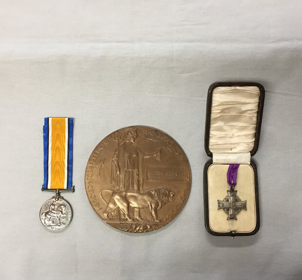  Private Ben Allen’s medals.  Left to Right: British War Medal, Memorial Plaque, Memorial Cross Medal. 