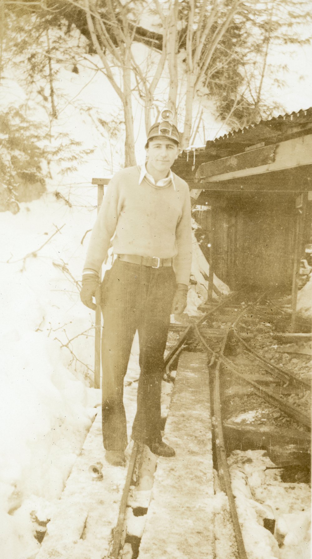  2341.0302: Bill Purcello at the Centre Star Mine in Rossland, January 1943.  Purcello was Jimmy’s friend and co-owner of the Harper-Purcello Training School. 