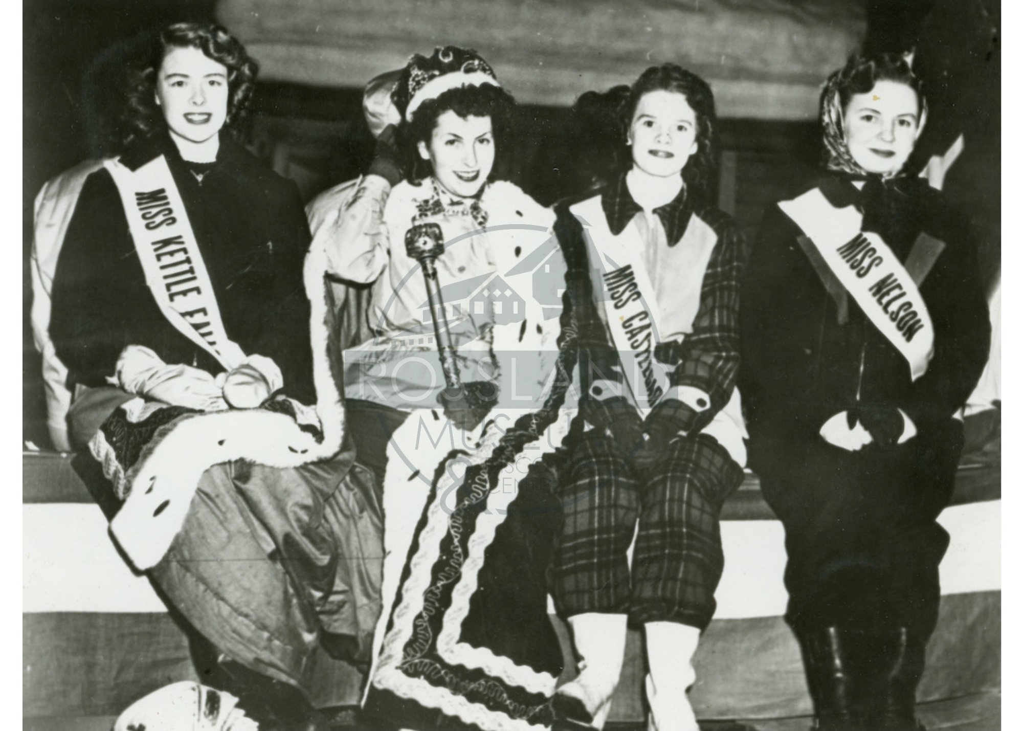   2358.0077 : Candidates for Snow Queen, February 1950.  Left to Right: Mary Lou Penwell (Kettle Falls), Lorraine Noah (1949 Snow Queen), Ellen Wallace (Castlegar), and Pauline Lebedow (Nelson). 