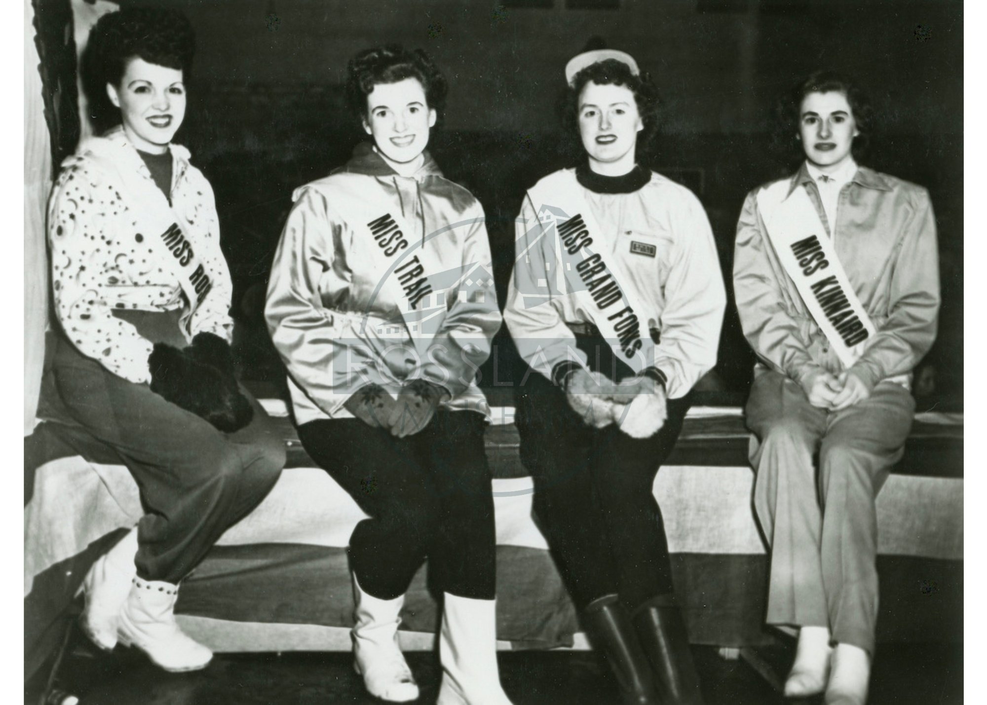   2358.0078 : Candidates for Snow Queen, February 1950.  Left to Right: Helen Lucas (Rossland), Leona Mann (Trail), Bernadette McDonald (Grand Forks), and Shirley Collinson (Kinnaird). 