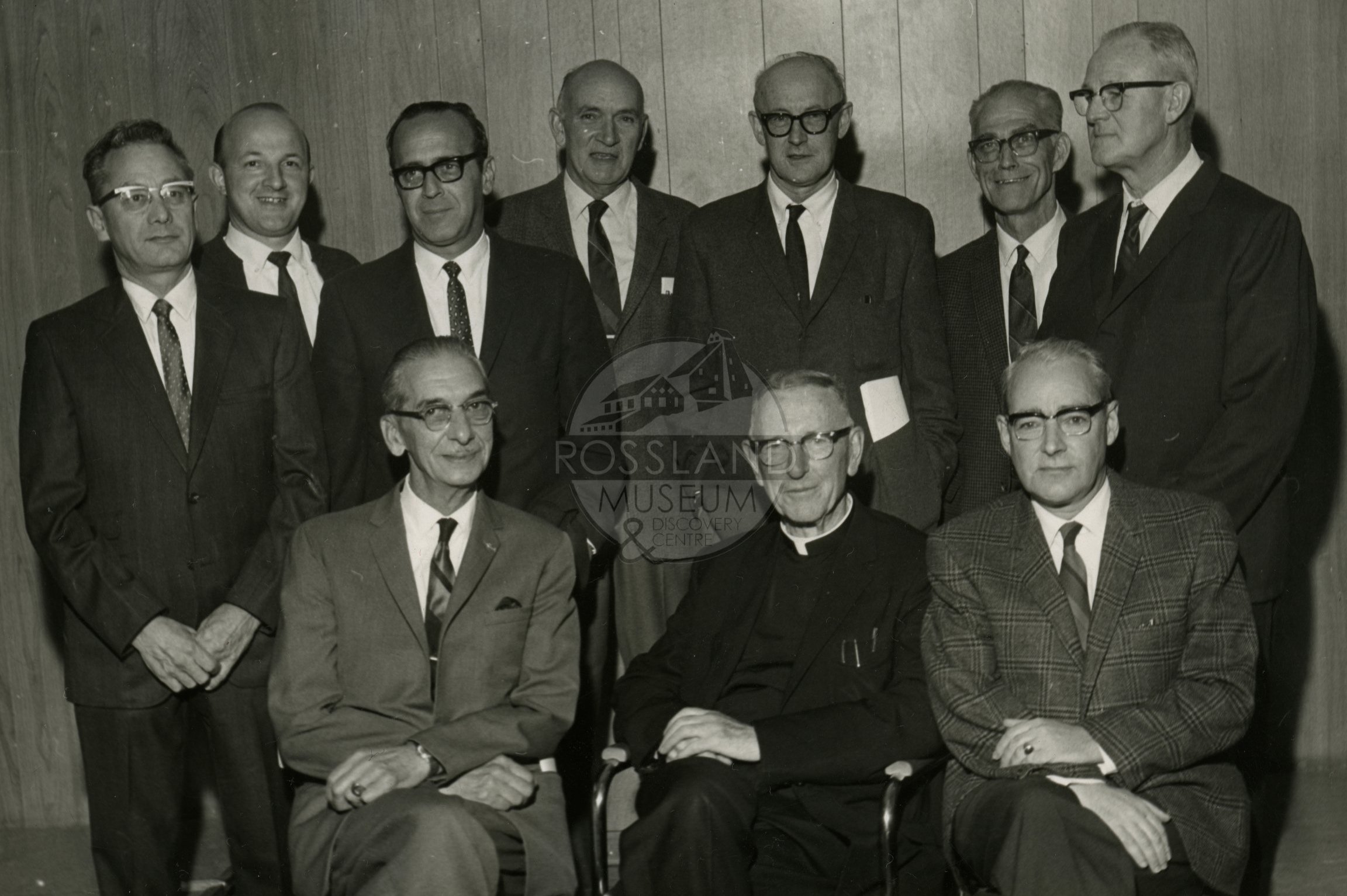   2276.0362 : Hospital Board, June 1969. Standing, left to right: "Army" Hartley, Albert Doratti, Don Camozzi, John Duncan Mitchell, Jake Lilliburn, Ernie McGauley, Harry LeFevre. Sitting, left to right: Harold Elmes, Monseigneur Archibald MacIntyre 