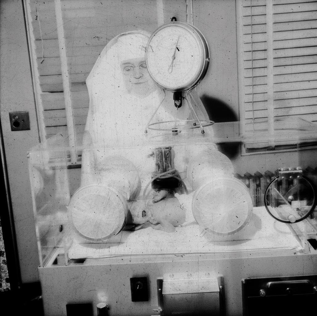  A2022.000.002.0323: Nursing Sister with baby in incubator at Mater Misericordiae Hospital, date unknown. 