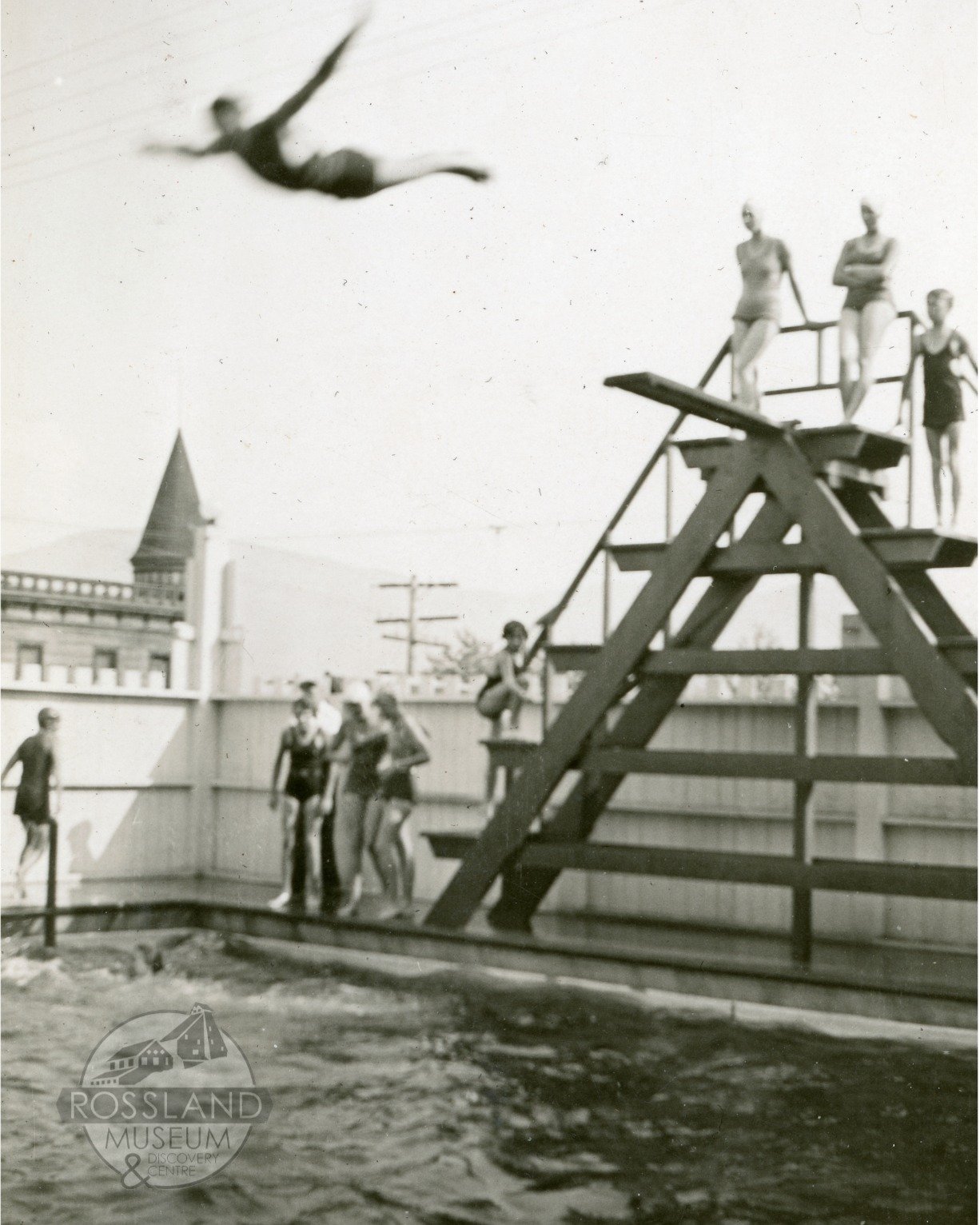 In its early days, diving was a popular part of Rossland's swimming pool culture. The opening ceremony for the pool in August 1932 (pictured) featured diving exhibitions, including by Carl Bailley, who had just returned from competing in the Olympic 