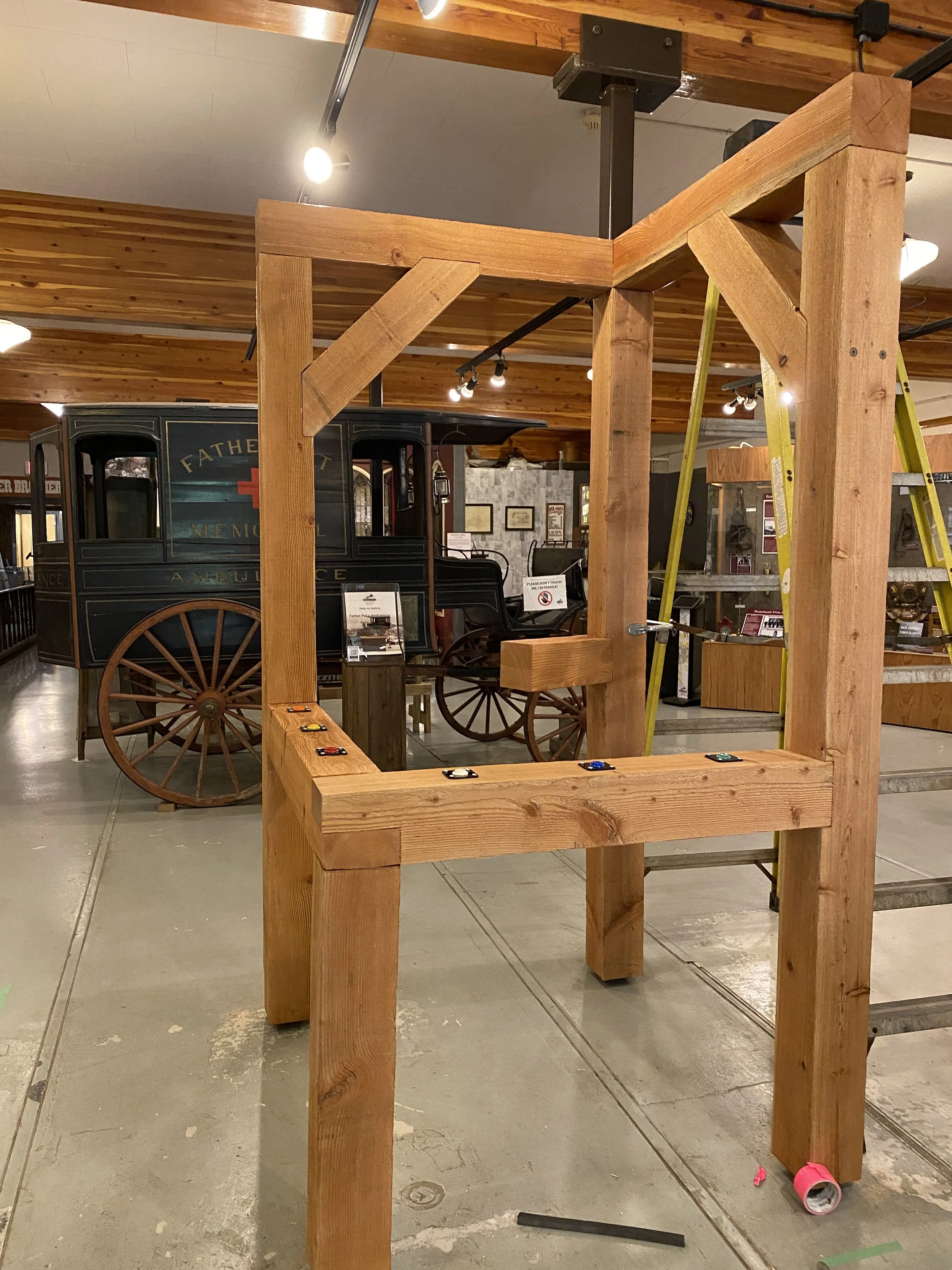 The large timber frame was designed to mimic the mining headframes