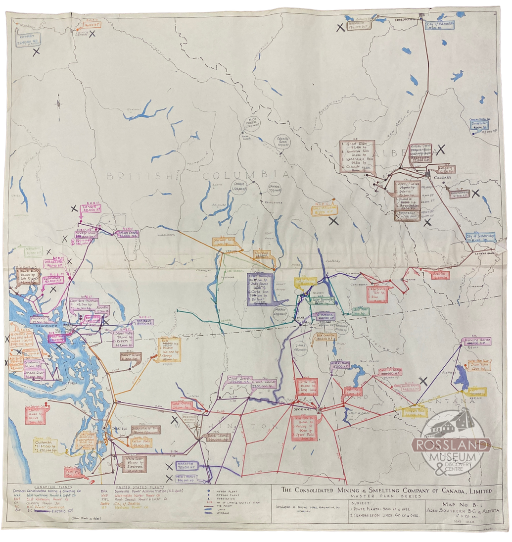 Off-white paper map of BC with different power sources noted in a variety of colours