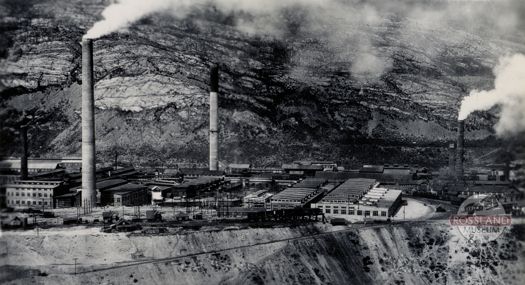 Black and white photograph of a large industrial site with a mountain in the background