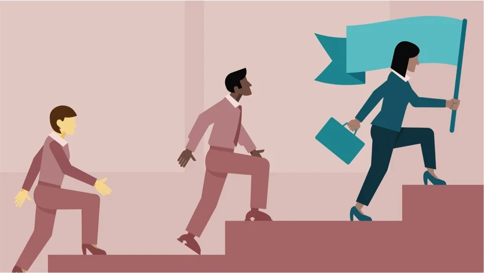 Pictured: three professionals are climbing up stairs. They are led by a woman carrying a flag and holding a briefcase. The image is a metaphor for what leadership is.