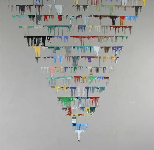 ‘Ainting Prime , extracted paint can labels and drips, tape on wall, dims vary, 2005