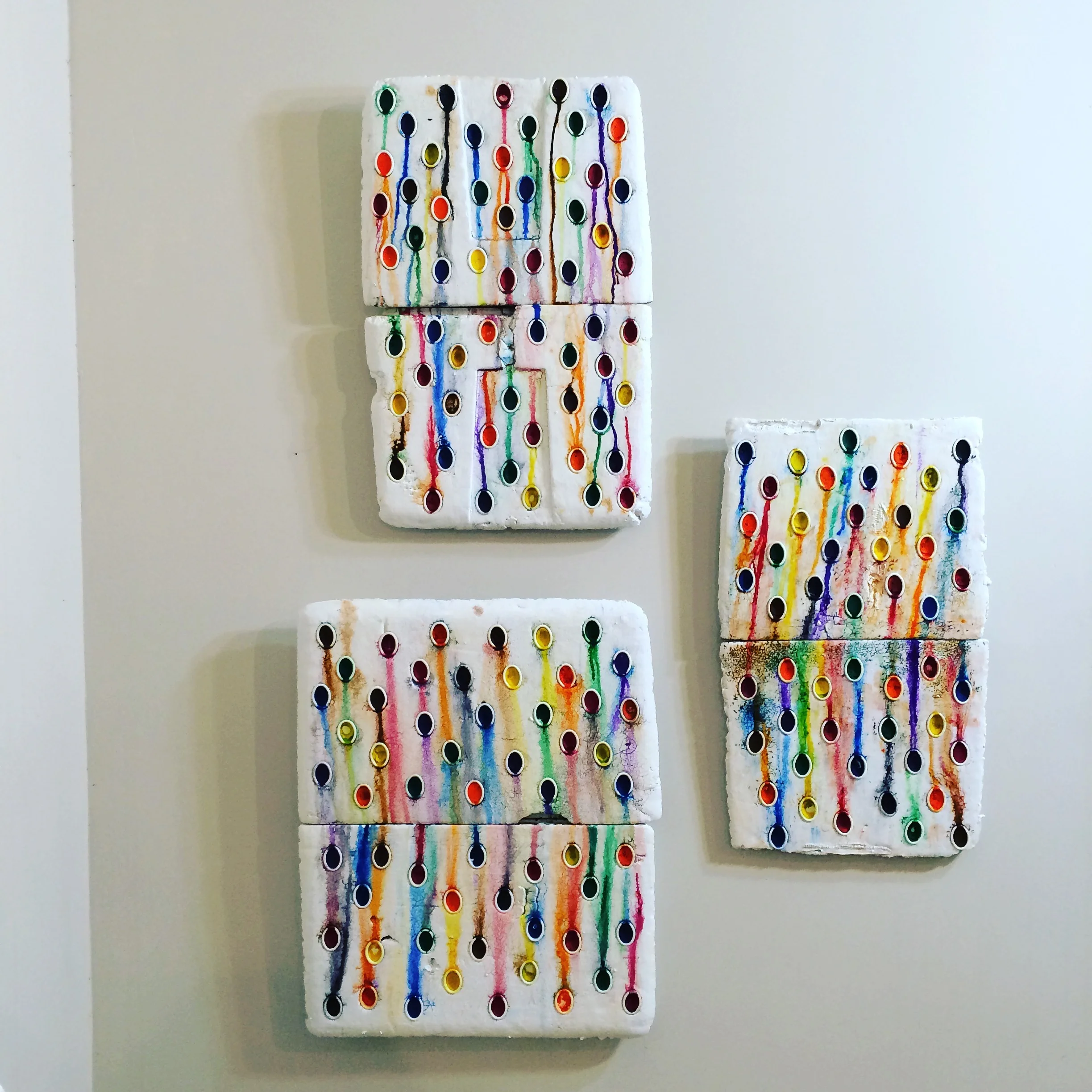 Water Line Panels, used watercolor pans, styrofoam, gesso, various sizes, 2016