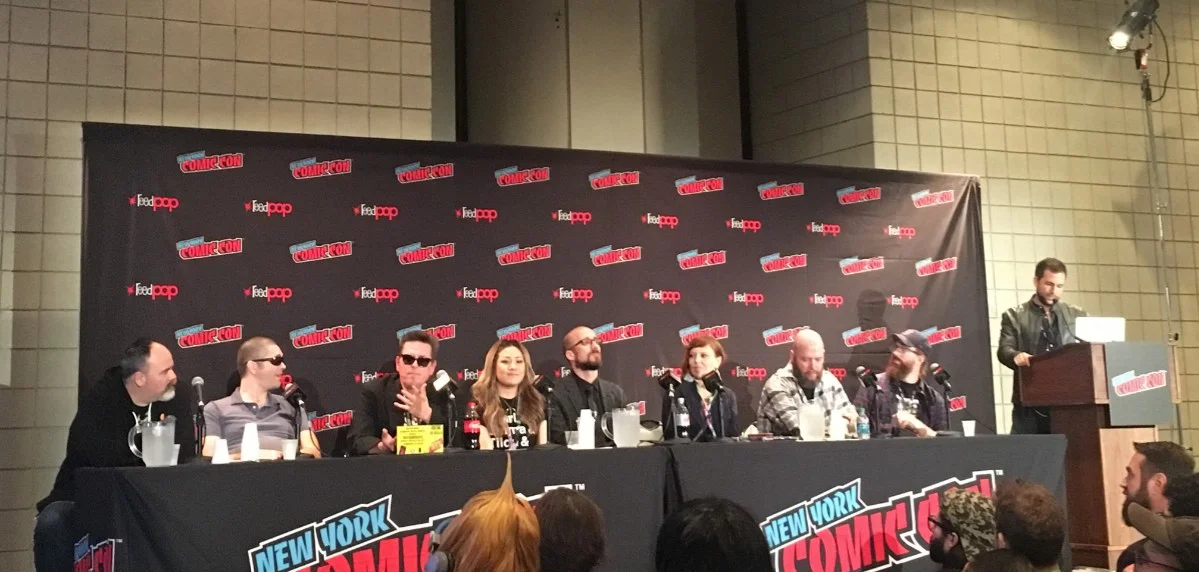 A New York Comic Con panel with (from left to right): Gerry Duggan, Joe Casey, Jeff Rougvie, Jen Bartel, Kieron Gillen, Stephanie Hans, Jason Aaron, and Daniel Warren Johnson. Photo courtesy The Beat/Heidi MacDonald