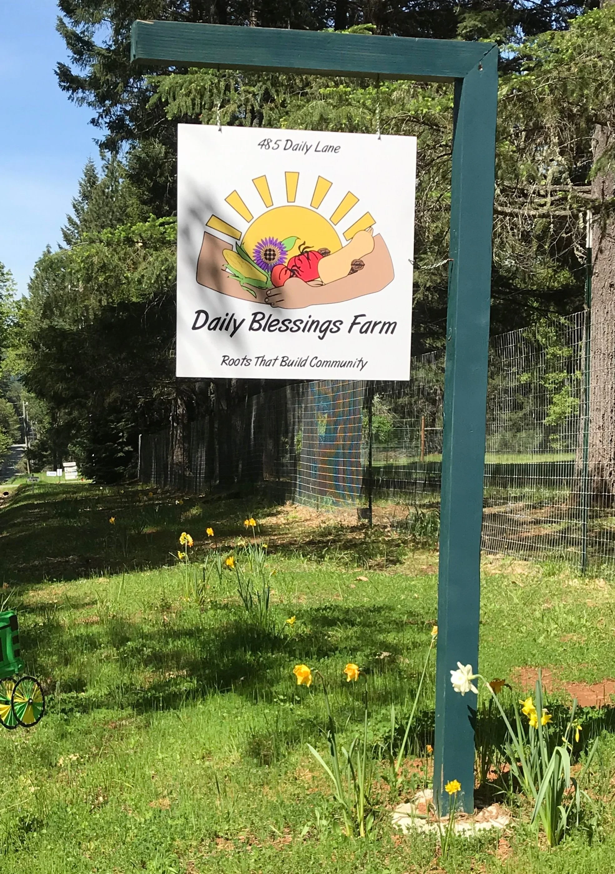 Daily Blessings farm sign at the farm entrance