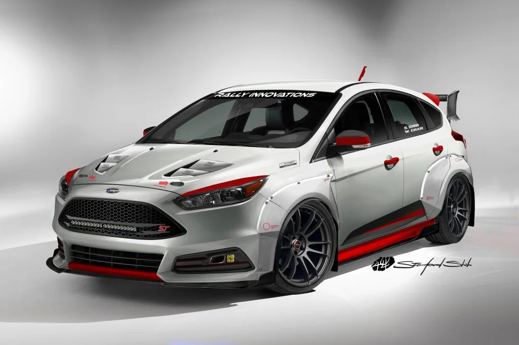 Ford Focus ST by Rally Innovations Rally Innovations has morphed the Focus ST into “The Future of Rally.” The bold look is highlighted by their Gundam-style body kit, liberal use of red accents, and aggressive 19” matte graphite wheels. Keeping the theme going to the inside of the ST we find a custom roll cage and race seats with 4-point harnesses with the rear seat deleted. This is no poser; the powertrain features a COBB tune, Greddy intake and exhaust as well as an aluminum intercooler with piping. Custom lighting for rally use is setup throughout the vehicle and the coilover suspension makes the Rally Innovations Focus ST ready to take on the most aggressive of dirt courses.