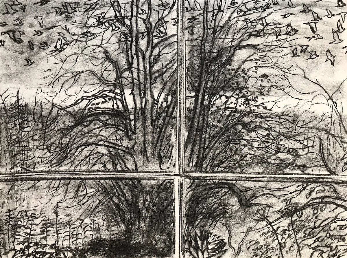 Agnes Treherne: Flock of Pigeons flying over the garden