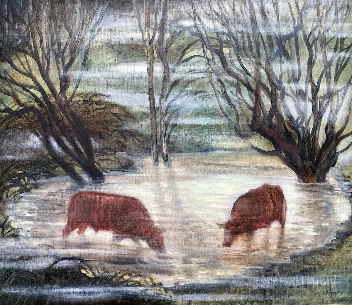 Agnes Treherne: Cows Drinking, River Mist