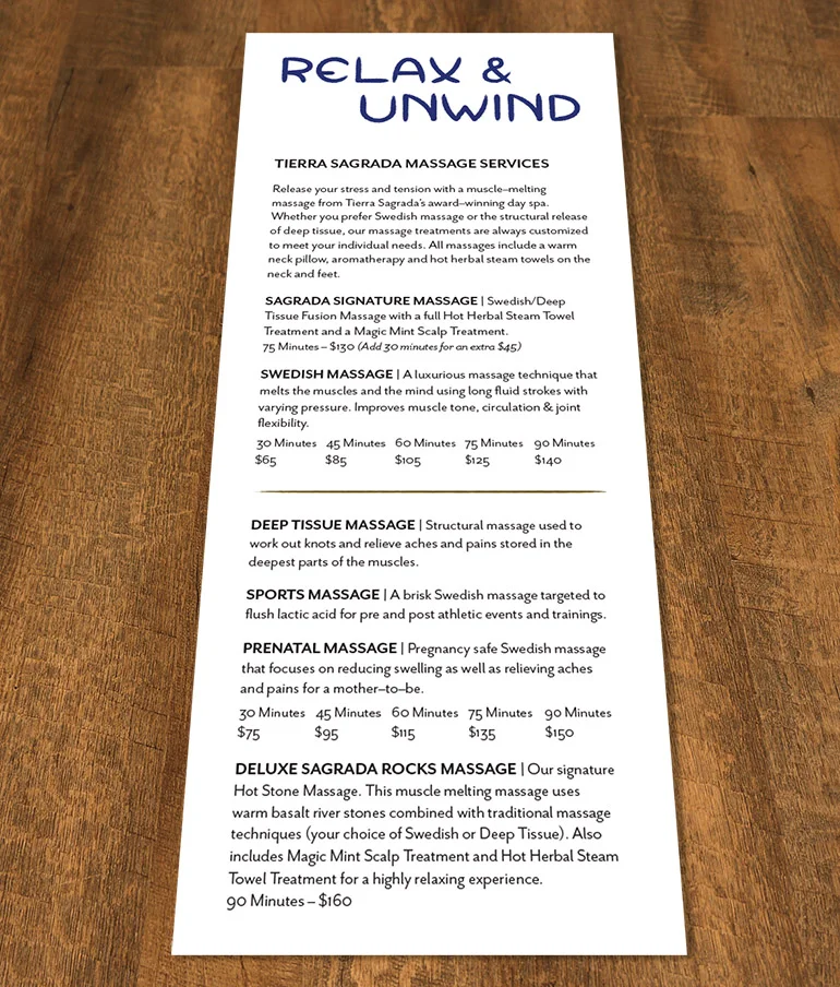 Branded mockup of spa menu, front