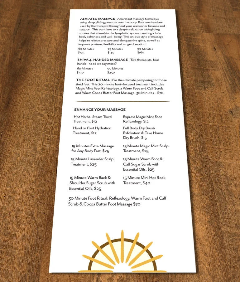 Branded mockup of spa menu, back