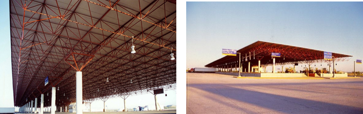Barrier-free space frames help organize the flow of inbound and outbound traffic at the border port of entry between Nuevo Laredo, Mexico and Laredo, Texas.