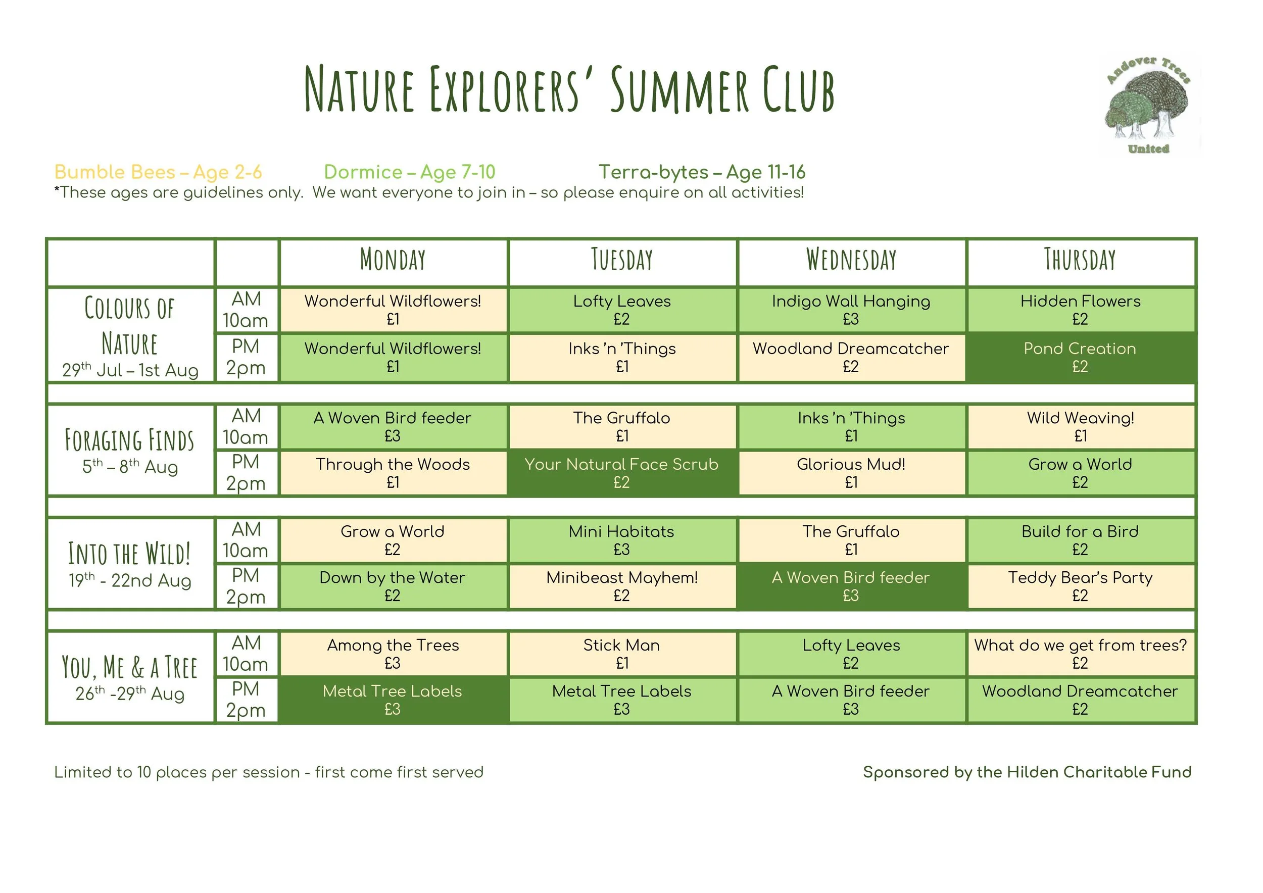 Summer 'Nature Explorers' TIMETABLE