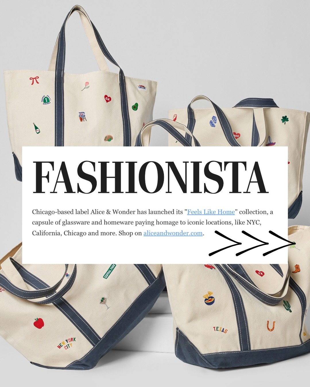 Our go-to gift for iconic city girls is @fashionista_com approved. Swipe through hometown icons on the @aliceandwonder city totes. 🍎 🚕 ☀️🦞 🌭