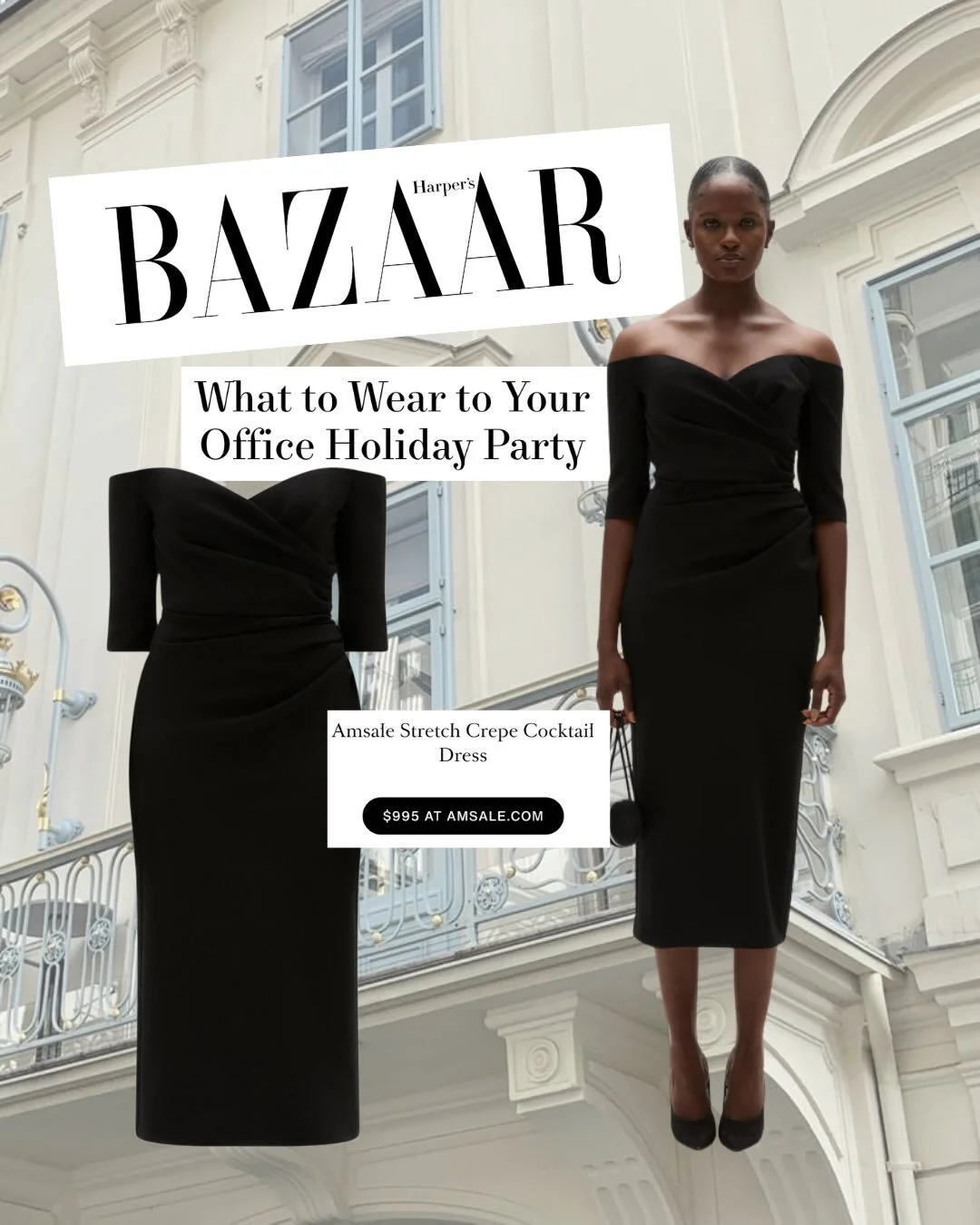 AMSALE&rsquo;s take on the little black dress: Italian stretch crepe, off-the-shoulder, half-sleeve, quietly powerful. Worthy of a Harper&rsquo;s Bazaar moment, and the one you&rsquo;ll reach for all holiday season.