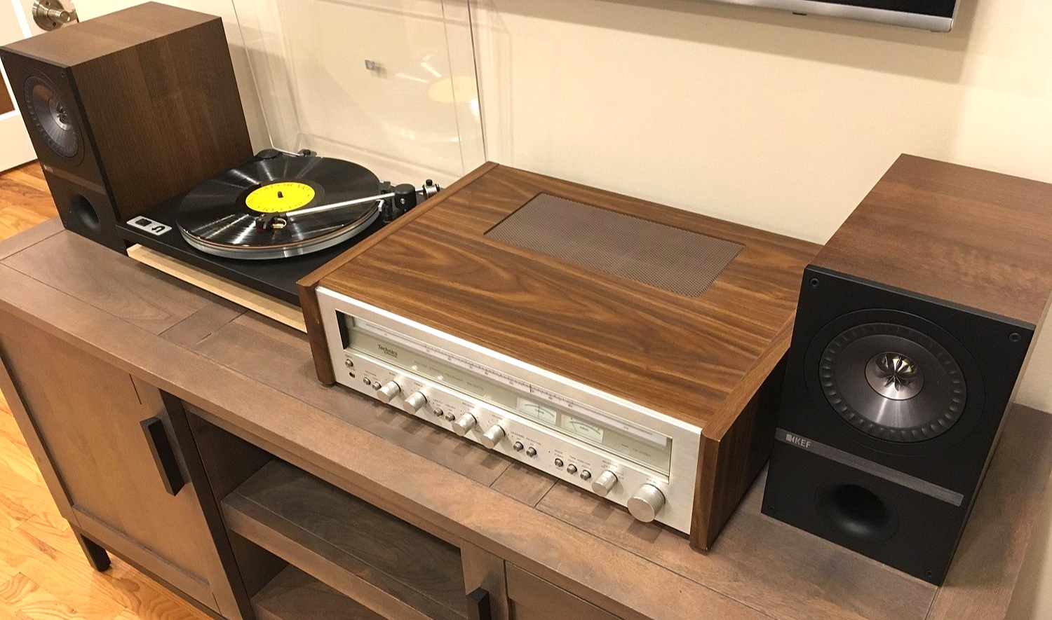 A modern vintage hybrid setup with a late 70’s Technics receiver paired with a modern U-Turn Orbit and pair of KEF Q100 speakers