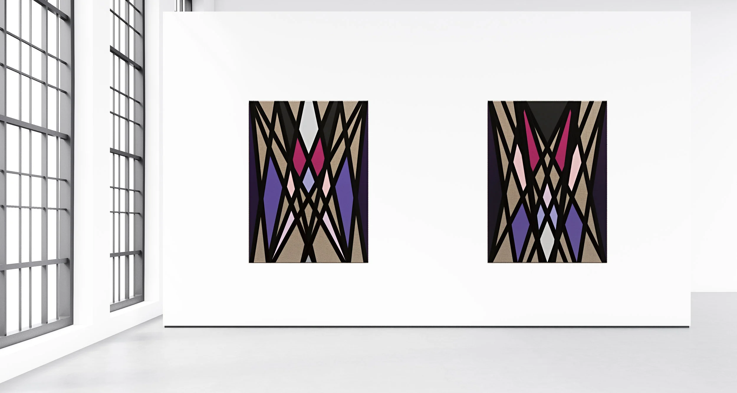 Dorte Jelstrup Dorte Jelstrup. Concerning the late night blooming with you (And your white-grey drops), I, 2014/2015. Acrylic, pigment and satin ribbons on linen. 99 x 70 cm. Dorte Jelstrup. Concerning the late night blooming with you (And your white-grey drops), II, 2014/2015. Acrylic, pigment and satin ribbons on linen. 99 x 70 cm.