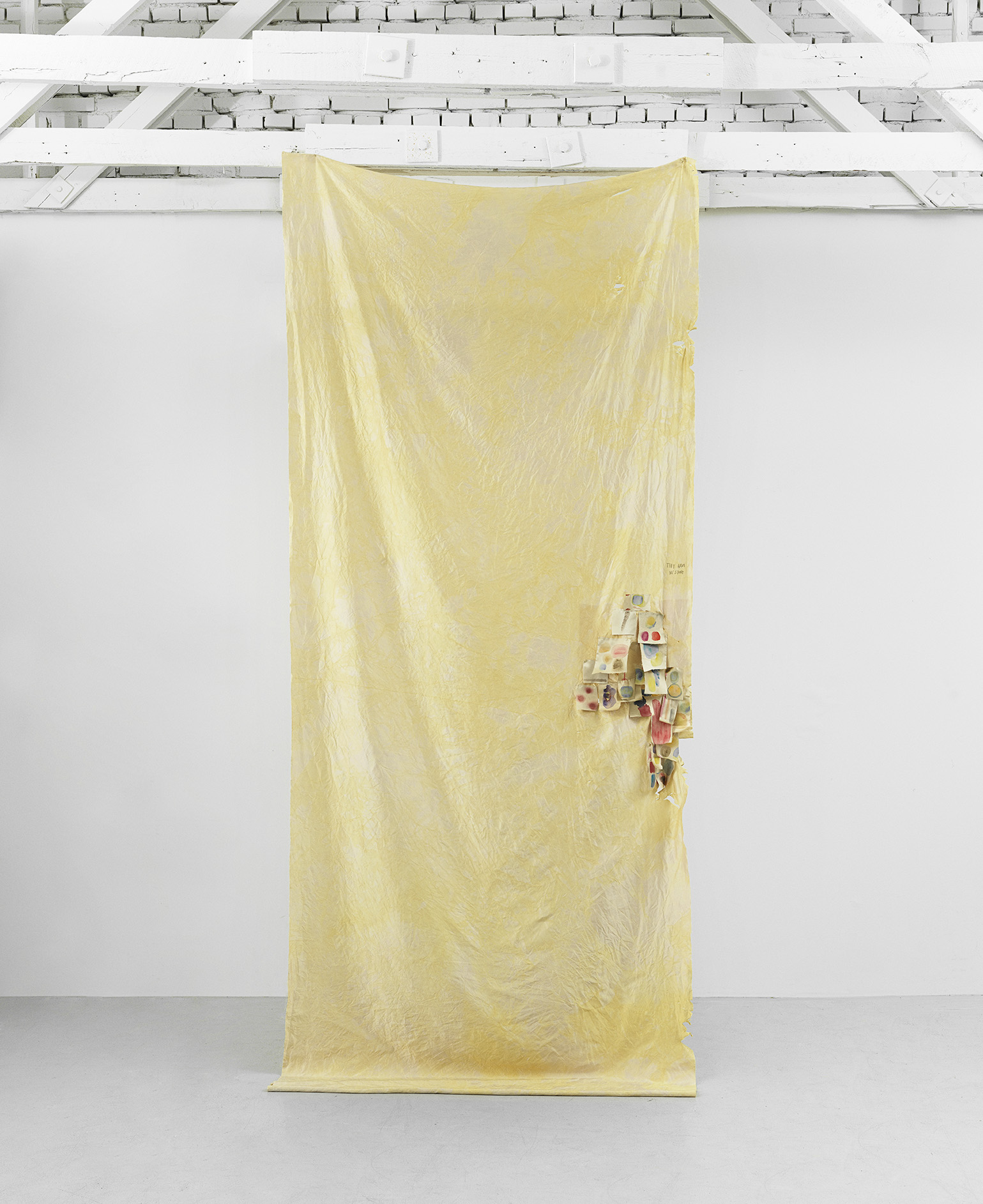 Peter Brandt. Monument to Sexual Violence, 2018. Bleached silk, watercolor and pencil. 330 x 135 cm.