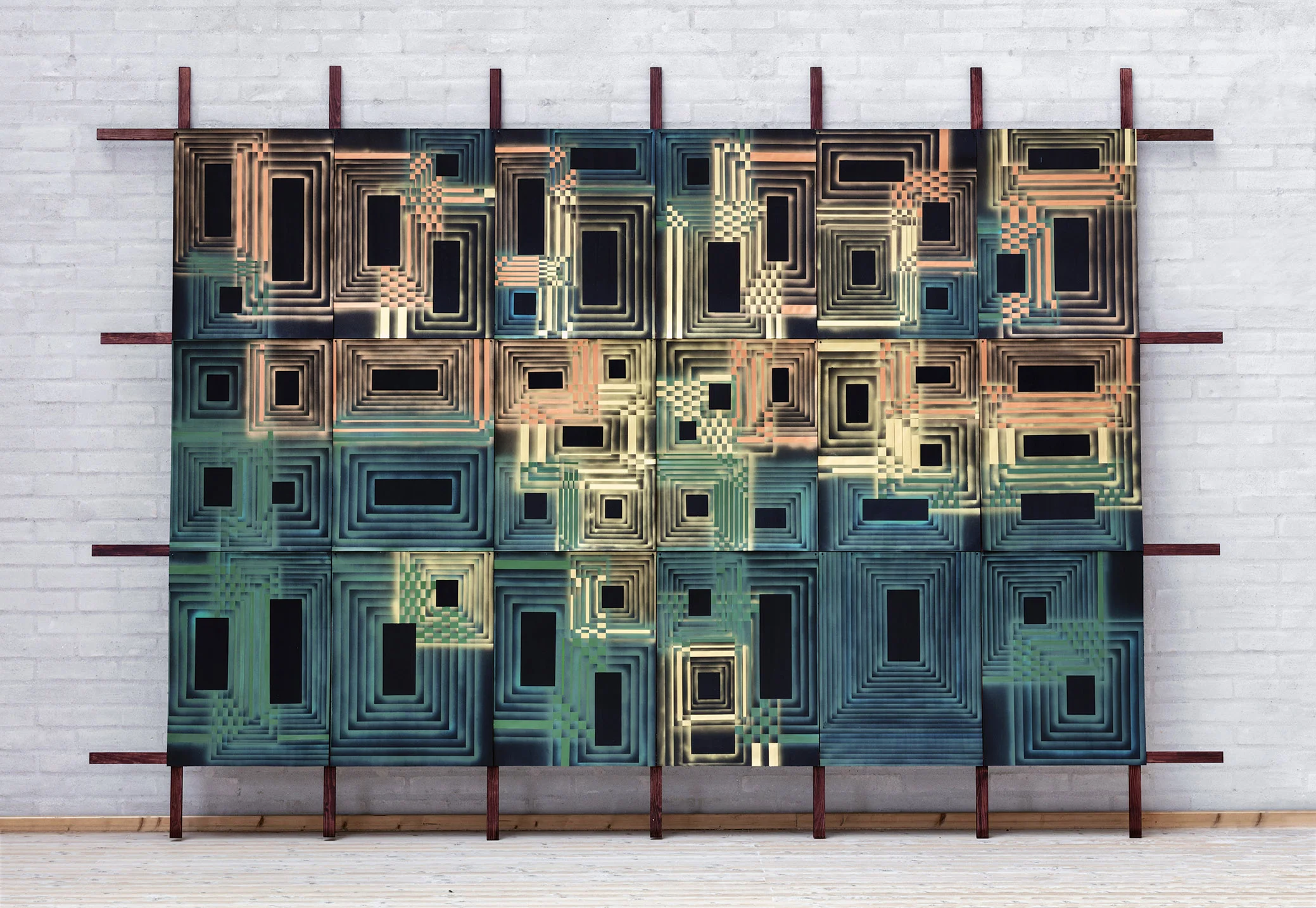 Marianne Therese Grønnow. Des Cloches, 2017. Acrylic on paper and wood. 300 x 400 cm.