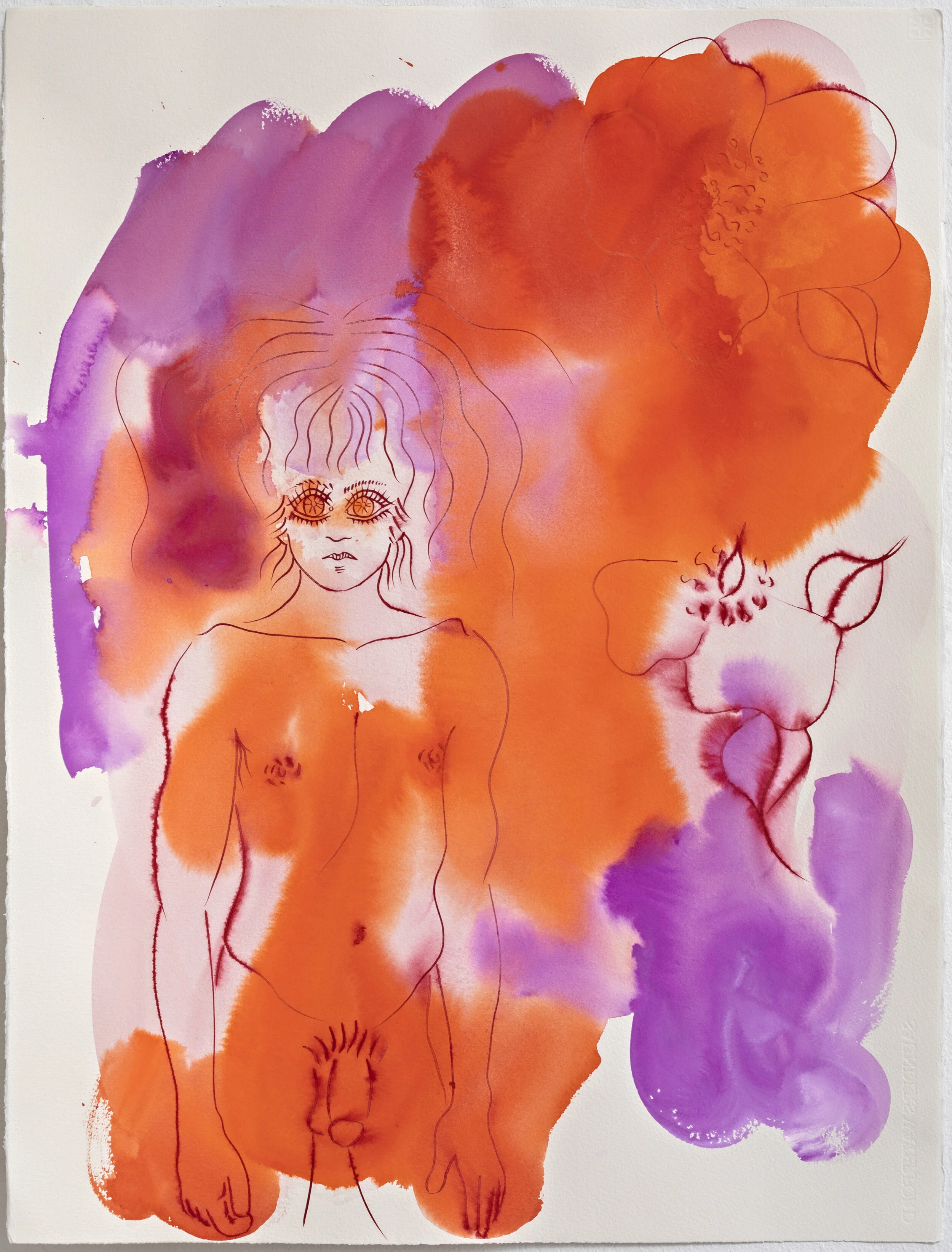 Dorte Jelstrup. From the Twilight Zone (Male Nude with Roses/During the Covid-19 Pandemic), 2020. Pen and ink and gouache on paper. 76 x 56 cm.