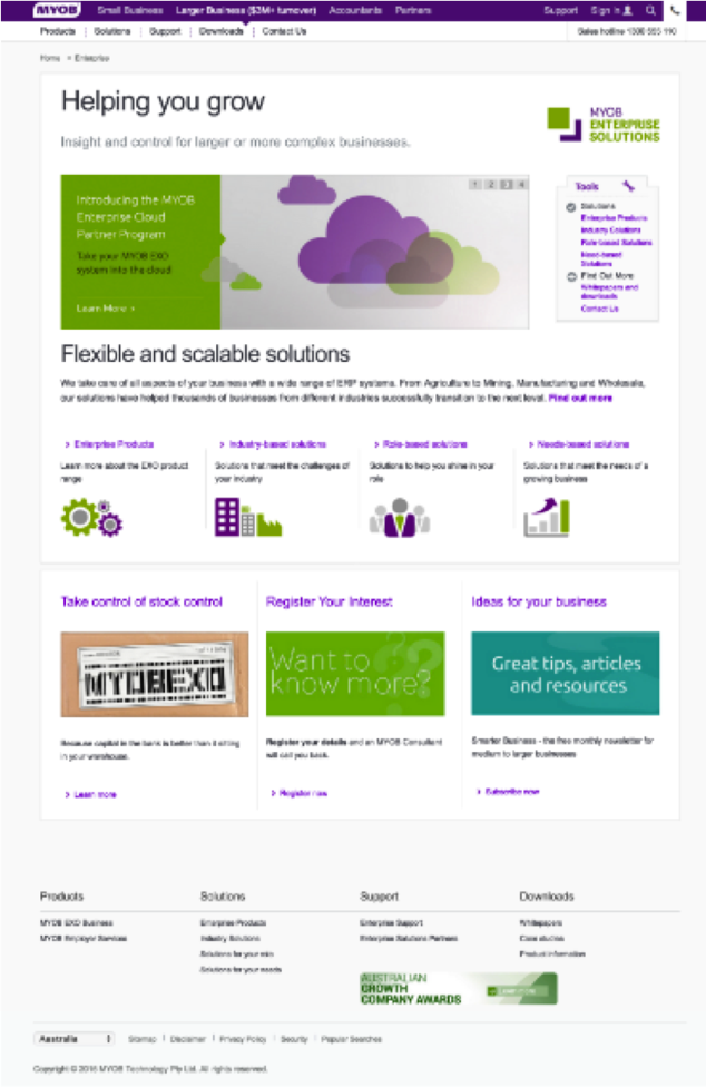 This was the old myob.com/enterprise home page - at beginning of the project.&nbsp;