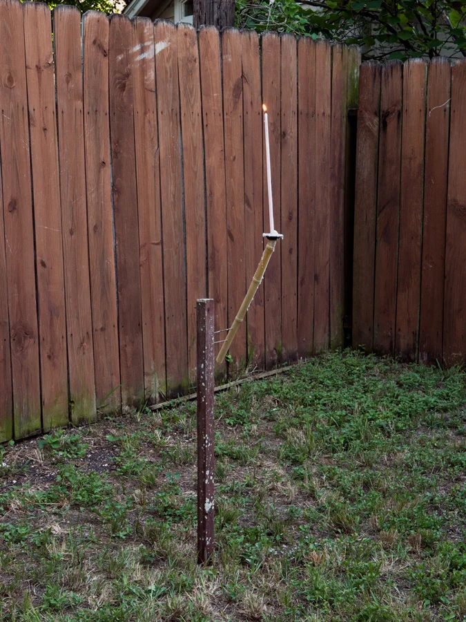 Landon O’Brien untitled Wood post, candle, bamboo, found metal 6” x 9” x 41”, 2018