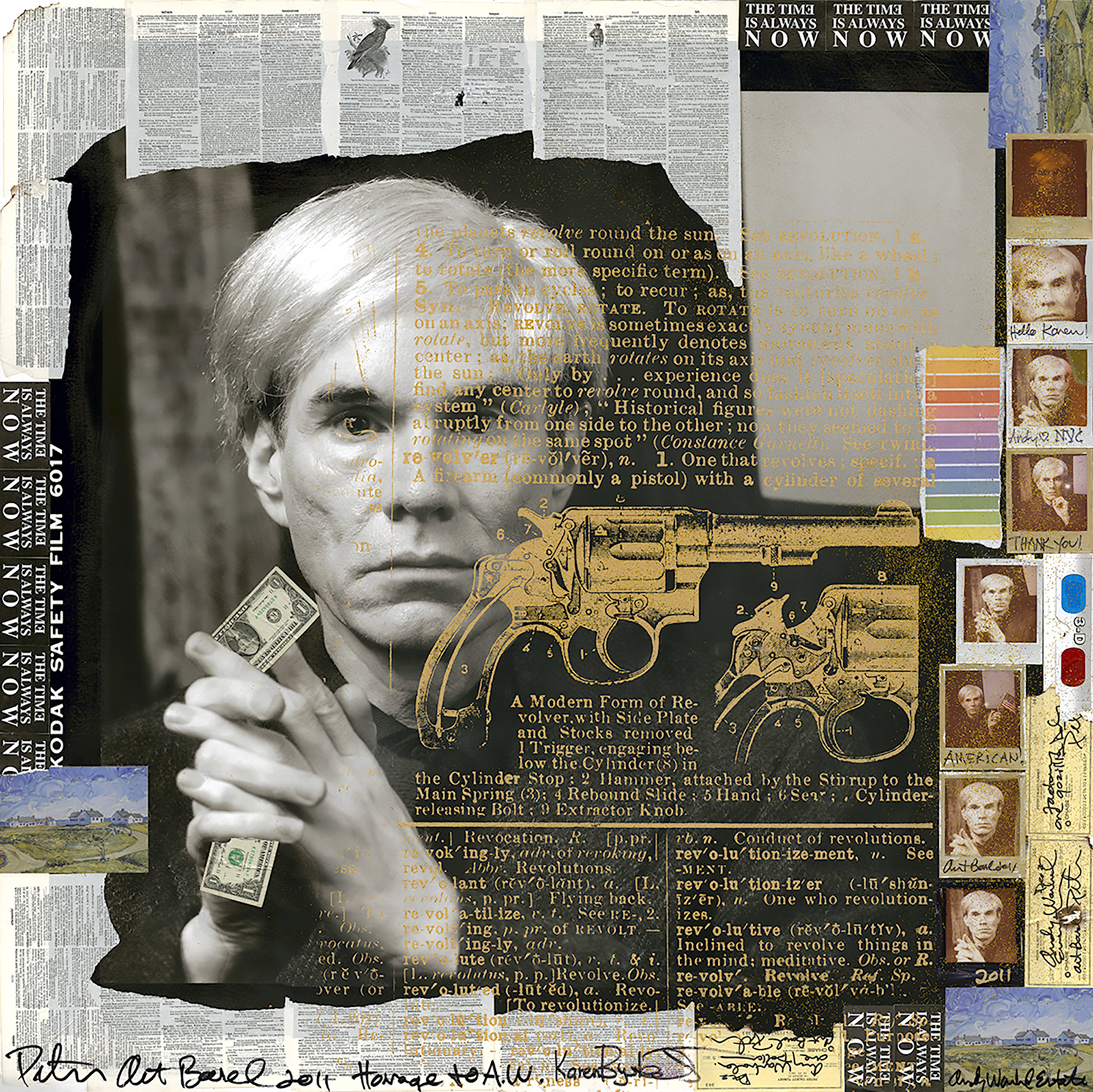  Karen Bystedt x Peter Tunney -  Andy with Golden Gun   Mixed Media, 27 x 27 inches 