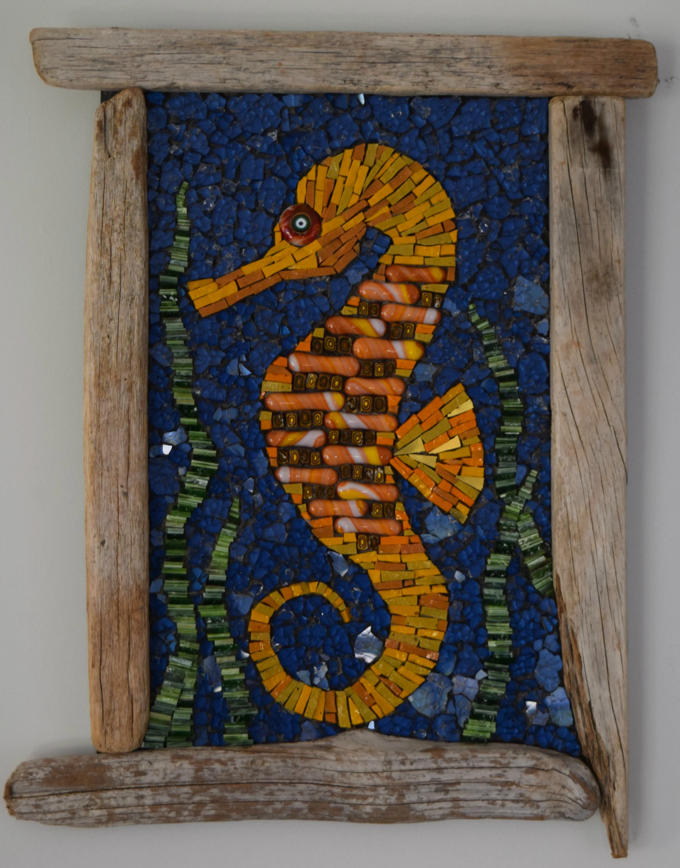 Seahorse with Drift Frame (Glass Fusions, Smalti, Millefiori, Gold Smalti, Stained Glass, tempered Glass)