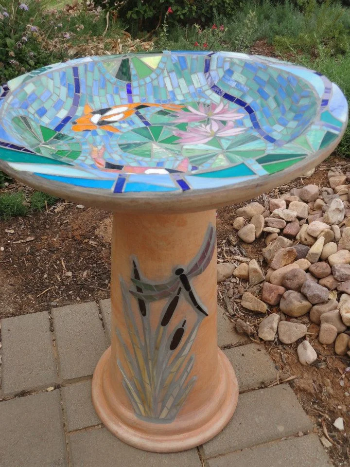 Fish/Dragonfly Birdbath (Commission) (Stained Glass)