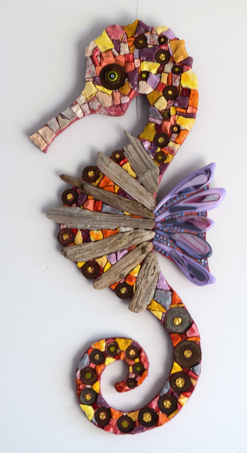 Seahorse of Hope (Smalti, Driftwood, Recycled Metal, Millefiori, Glass Fusions, 24k Gold Smalti) 24k