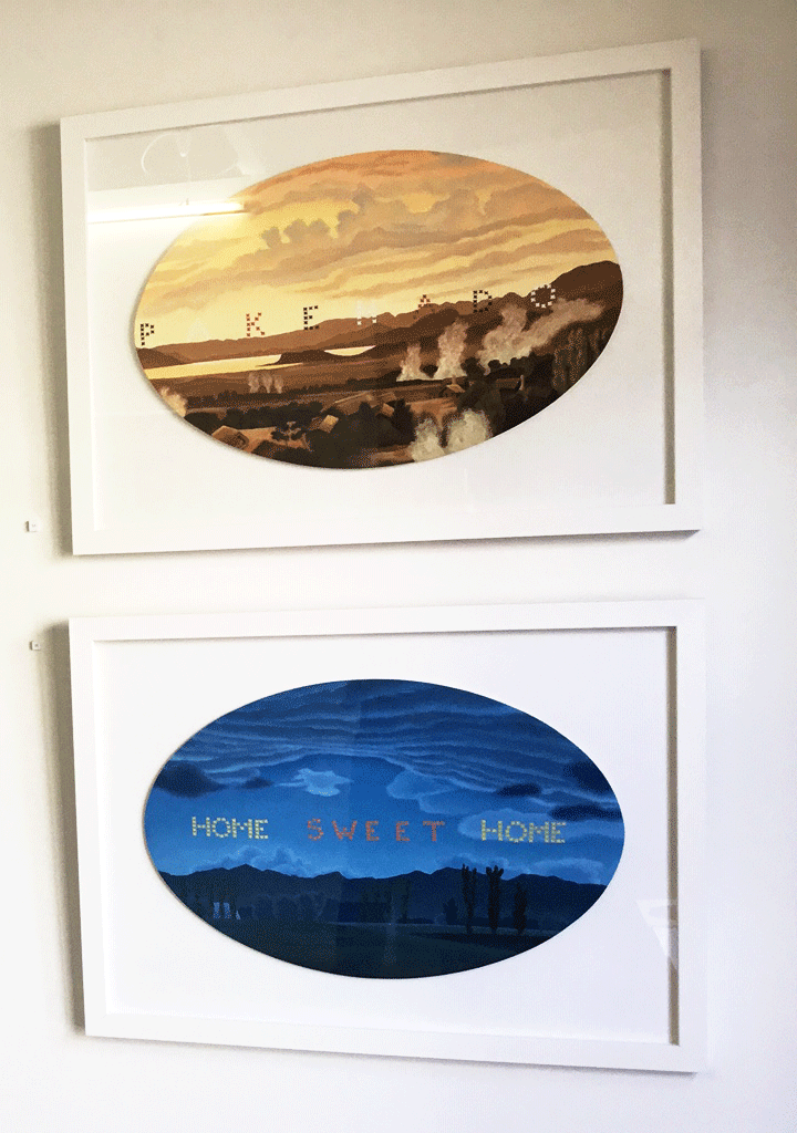 Trauma Sampler (bottom image with text ‘Home sweet home’) Oil on paper, 370 x555 mm oval Sold