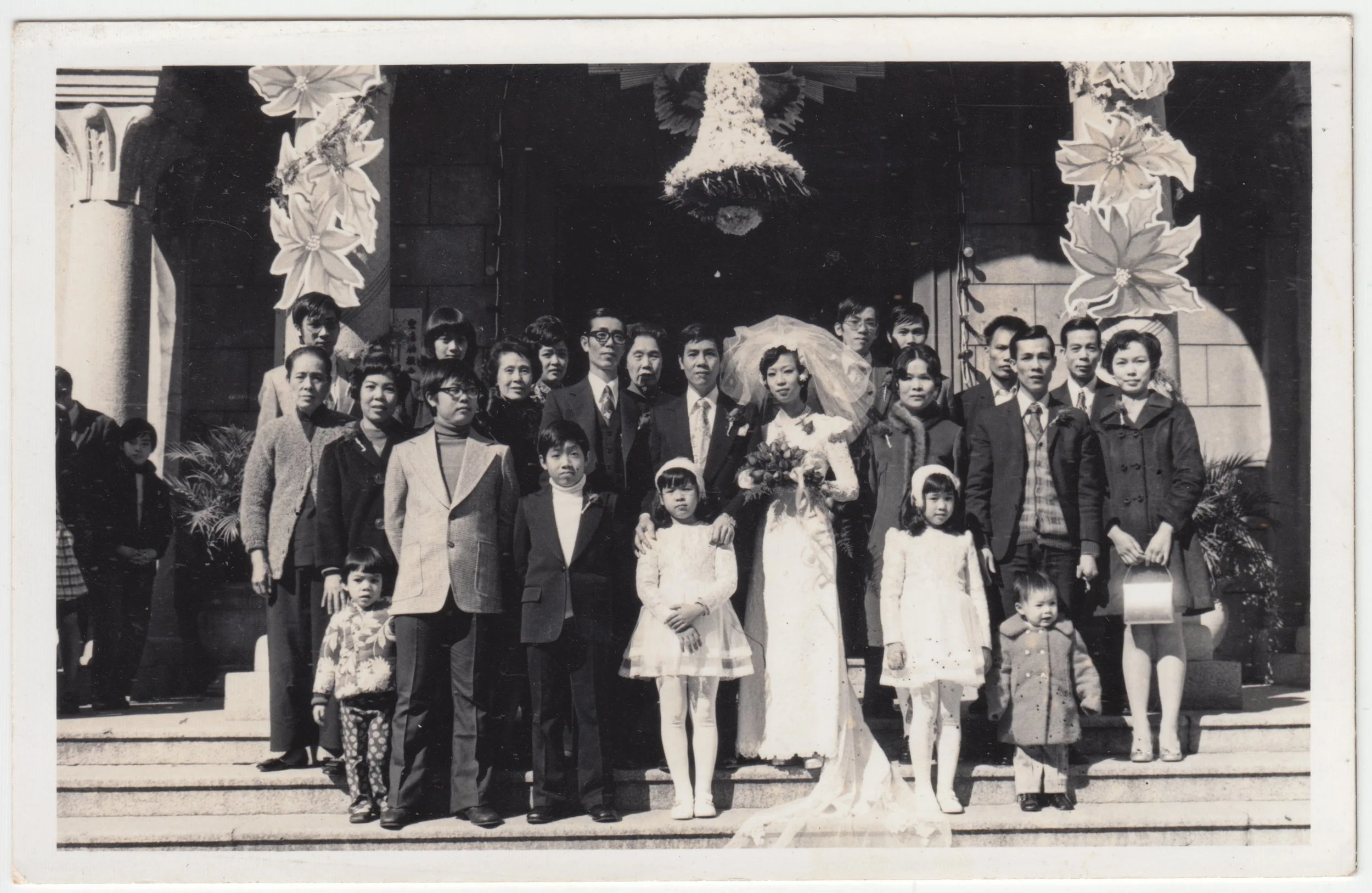 五叔公’s Wedding, c. 1970s.

From left to right
Front row: 表姨, Uncle Edward, Uncle William, Mum, EE, Uncle Day

Middle row: 7 姨太婆, 四姑婆 , 10 姨太婆 (姨太婆), Grandpa, 五叔公, 五叔婆, Grandma, 三叔公, 三叔婆, Yu Gor /表叔公, 表姑媽, Modern 8 Por (表姨 Tai Por), 9 姨太婆, Tsui Wai Yue