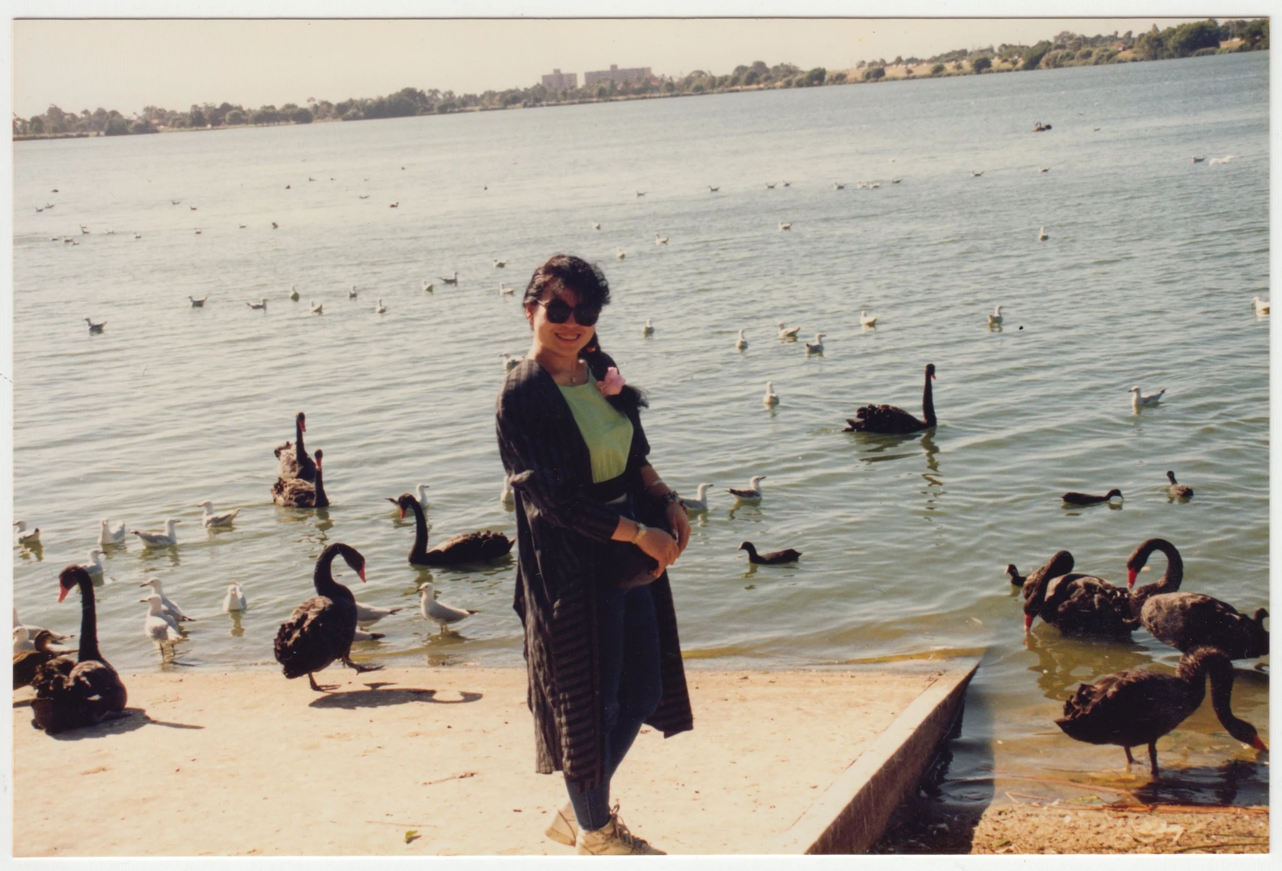 Mum with black swans in Australia, taken on 7 March 1990