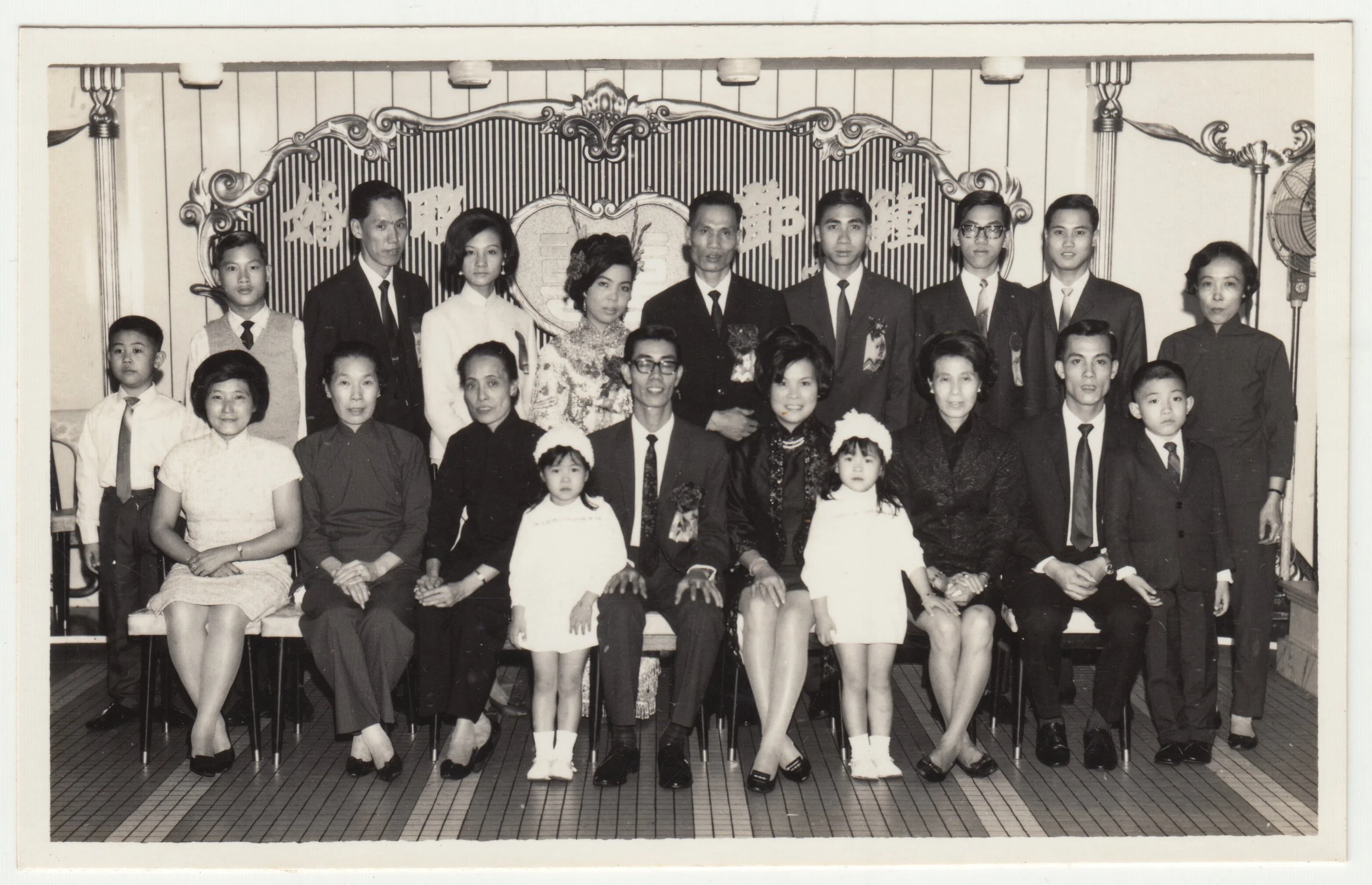 Wedding Banquet of Fourth Grand-Aunt 四姑婆 & her husband 四姑丈公. 
Left to right;

Front Row: Butterfly Grand-Aunt 蝶姨婆, Ninth Great-Grand-Aunt 九姨太婆, Seventh Great-Grand-Aunt 七姨太婆, EE, Grandpa, Grandma, Mum, 10th Great-Grand-Aunt 姨太婆, Third Grand-Uncle 三叔公