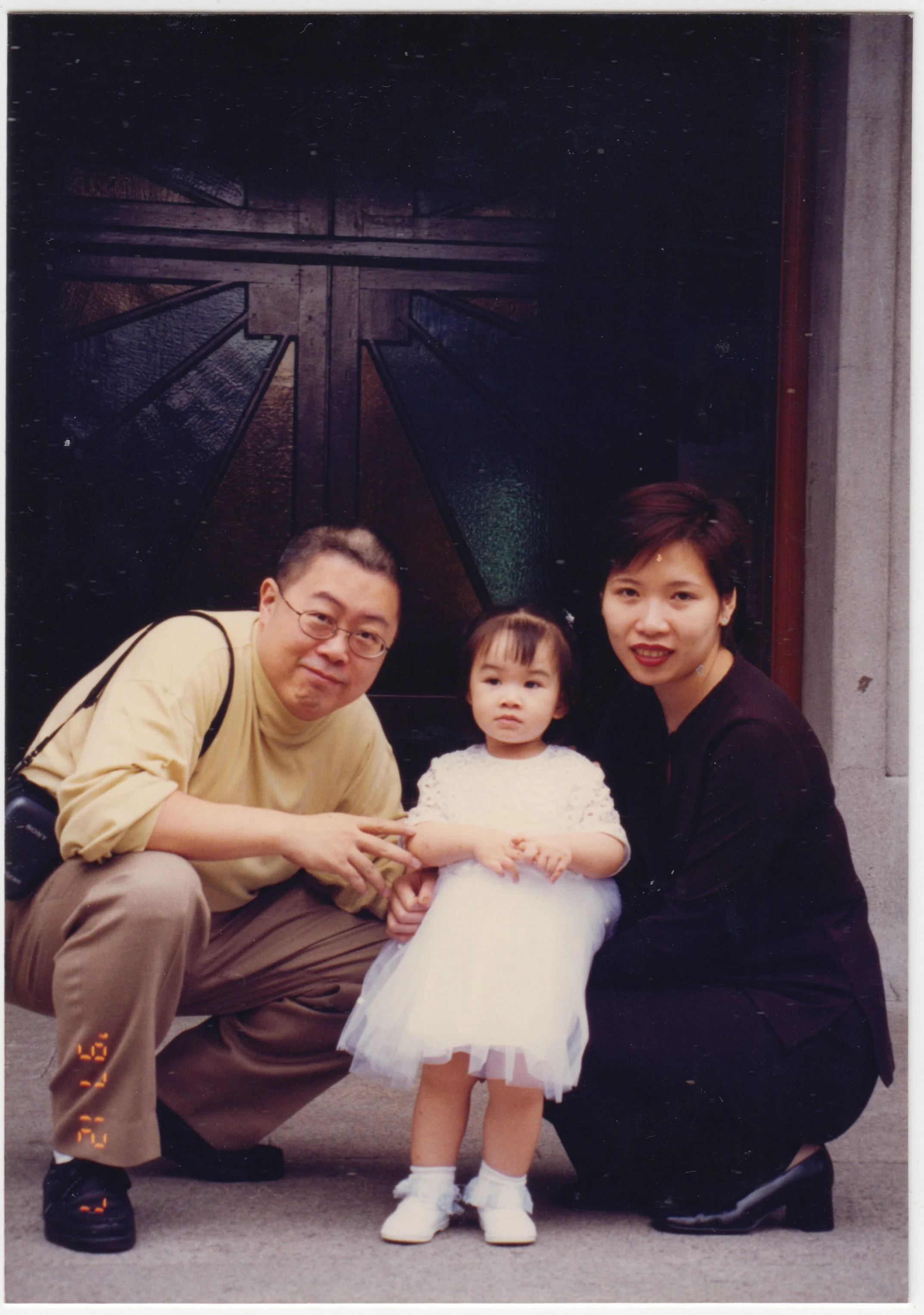 Uncle Edward, 舅母 & Charlotte outside unidentified church after Charlotte's Catholic Baptism, 7 December 1997.